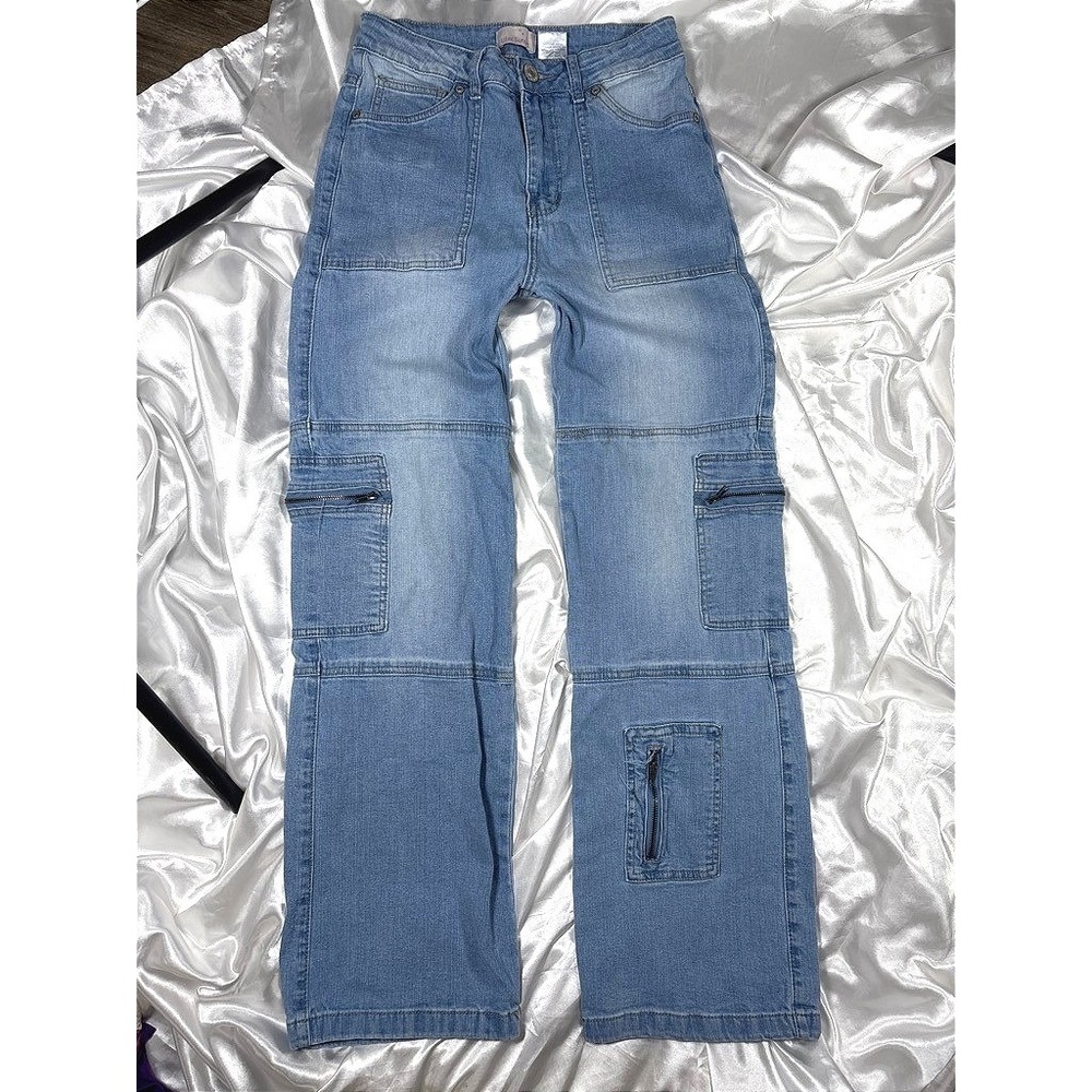 y2k Lilac Sunset Cargo Jeans Light Blue Wide Leg Multi Pocket Utility